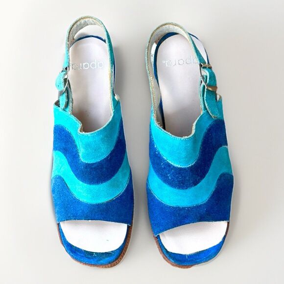 VTG Women’s Size 5 Blue and Teal Suede Slingback Open Toe Block Heel - Picture 2 of 7